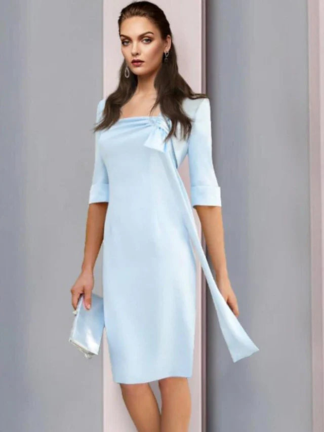 Wholesale Sheath / Column Mother of the Bride Dress Simple Elegant Square Neck Knee Length Stretch Fabric Half Sleeve with Bow(s)